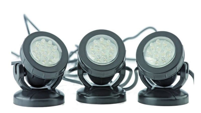 Underwater LED lights and a display pump for a garden fountain
