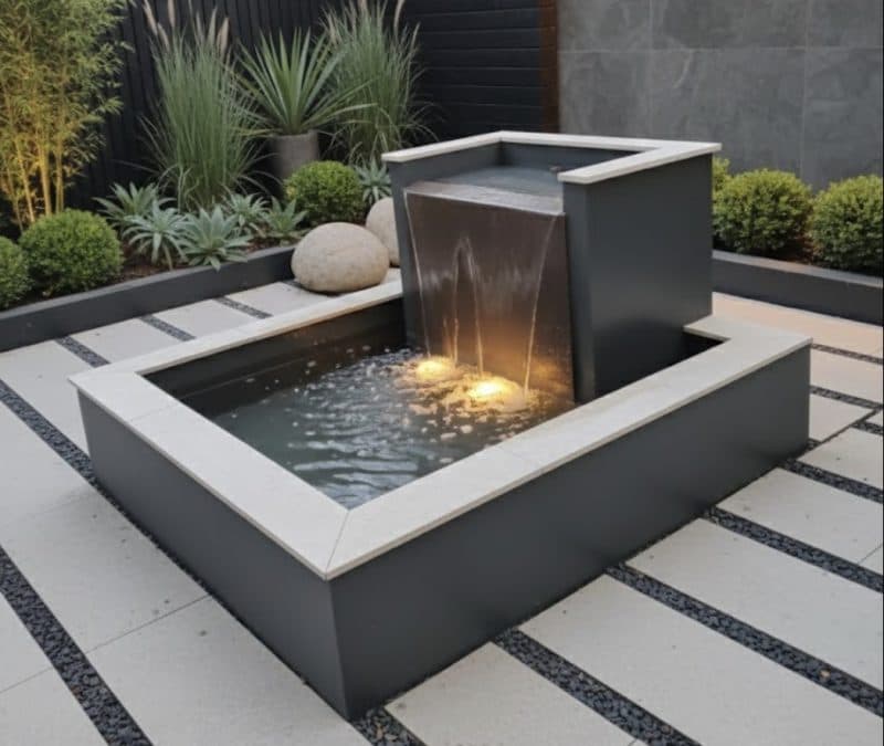 A modern spherical sump fountain surrounded by potted flowers