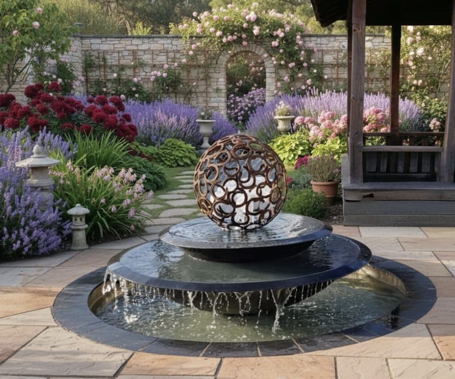 Circular Richmond water fountain with Riviera bowl and Horse shoe sculpture