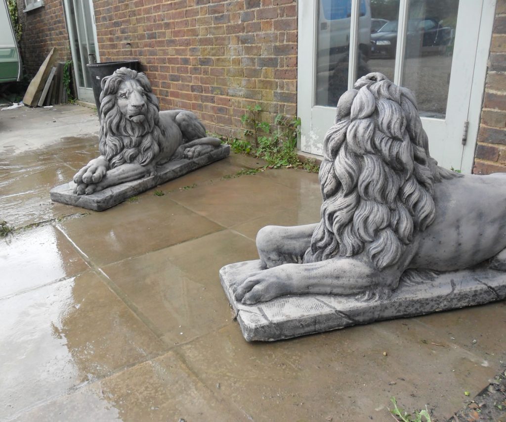 Pair of Large Laying Lions Stone Garden Ornaments & Garden Statues in UK