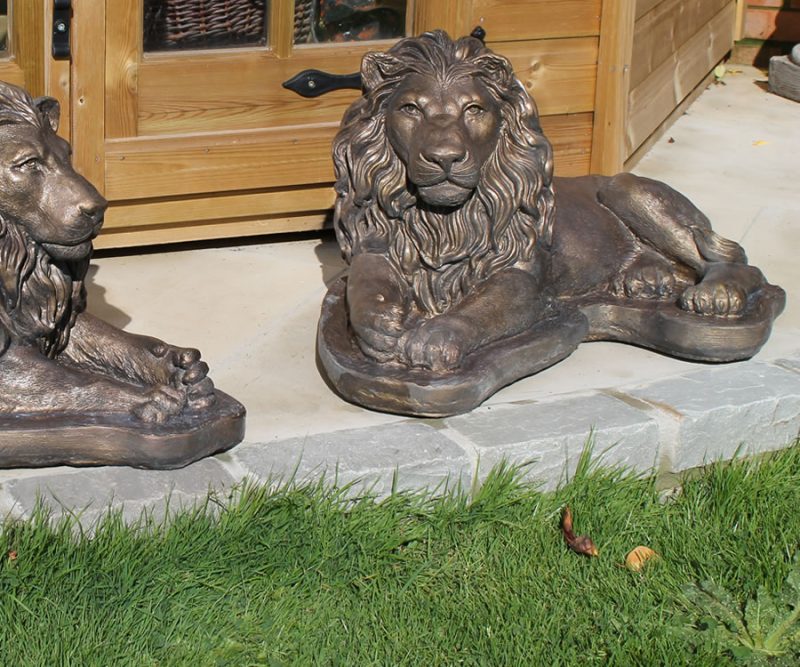 Pair of Small Laying Lions Stone Garden Ornaments & Garden Statues in UK