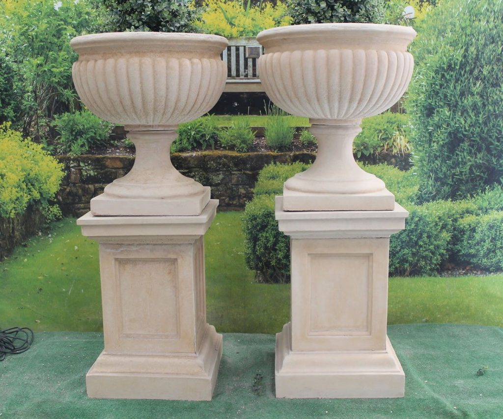 Single Rams Head Urn on Sherwood Plinth Stone Garden Ornaments