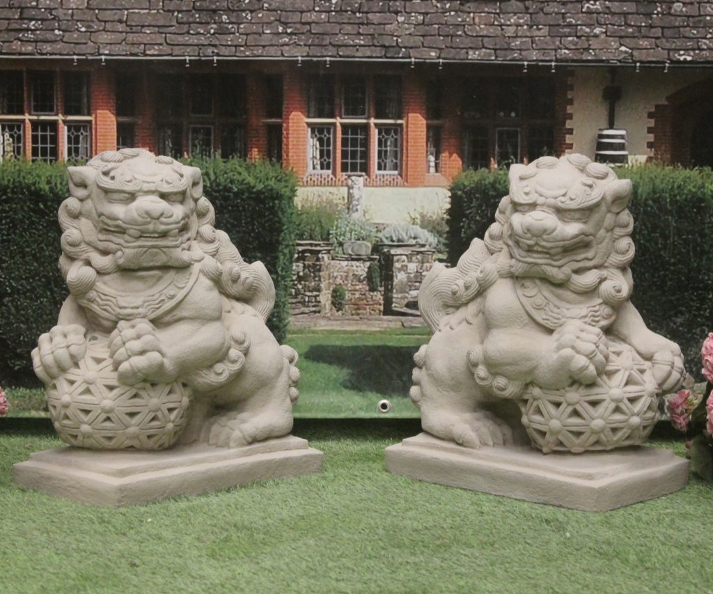 Pair of Large Chinese Foo Dogs (Lions) Stone Garden Ornaments