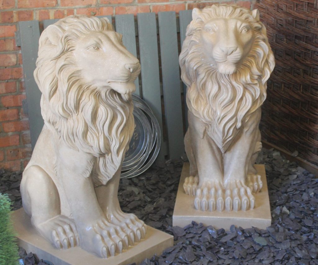 Pair of Large Sitting Samson Lions Stone Garden Ornaments & Garden