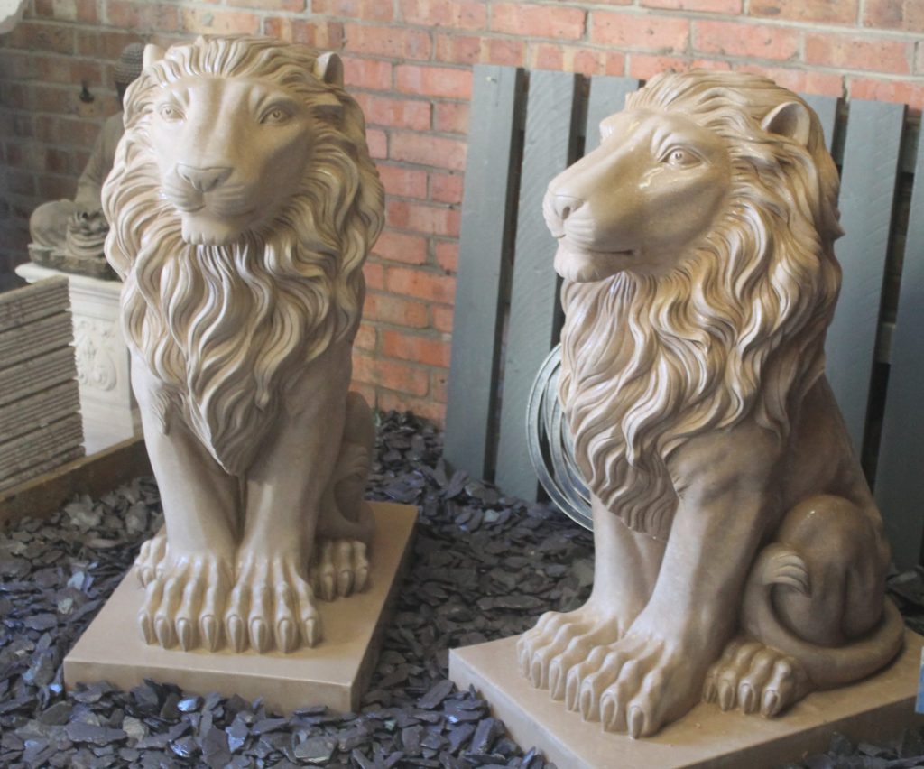 Pair of Large Sitting Samson Lions Stone Garden Ornaments & Garden