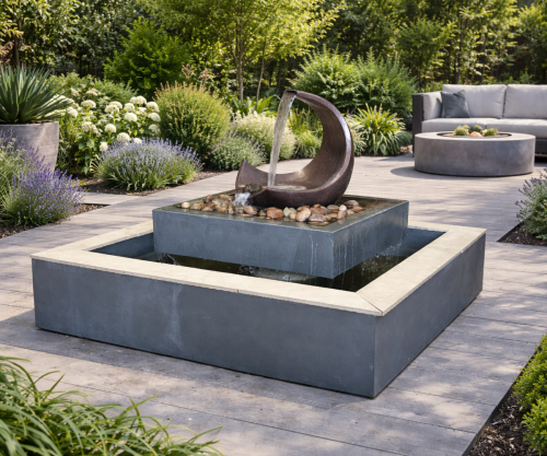 Modern garden with sleek water fountain