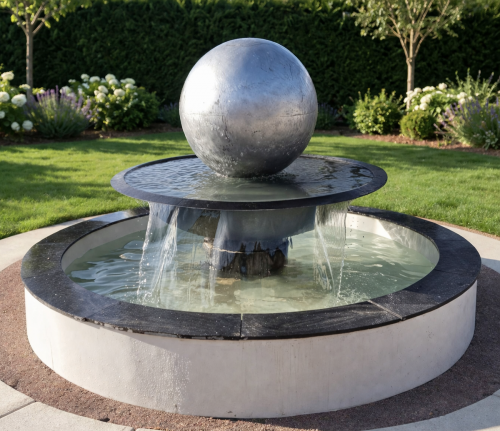 Serene garden with metallic sphere fountain