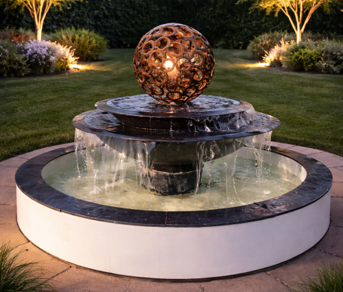 Twilight glow on bronze fountain